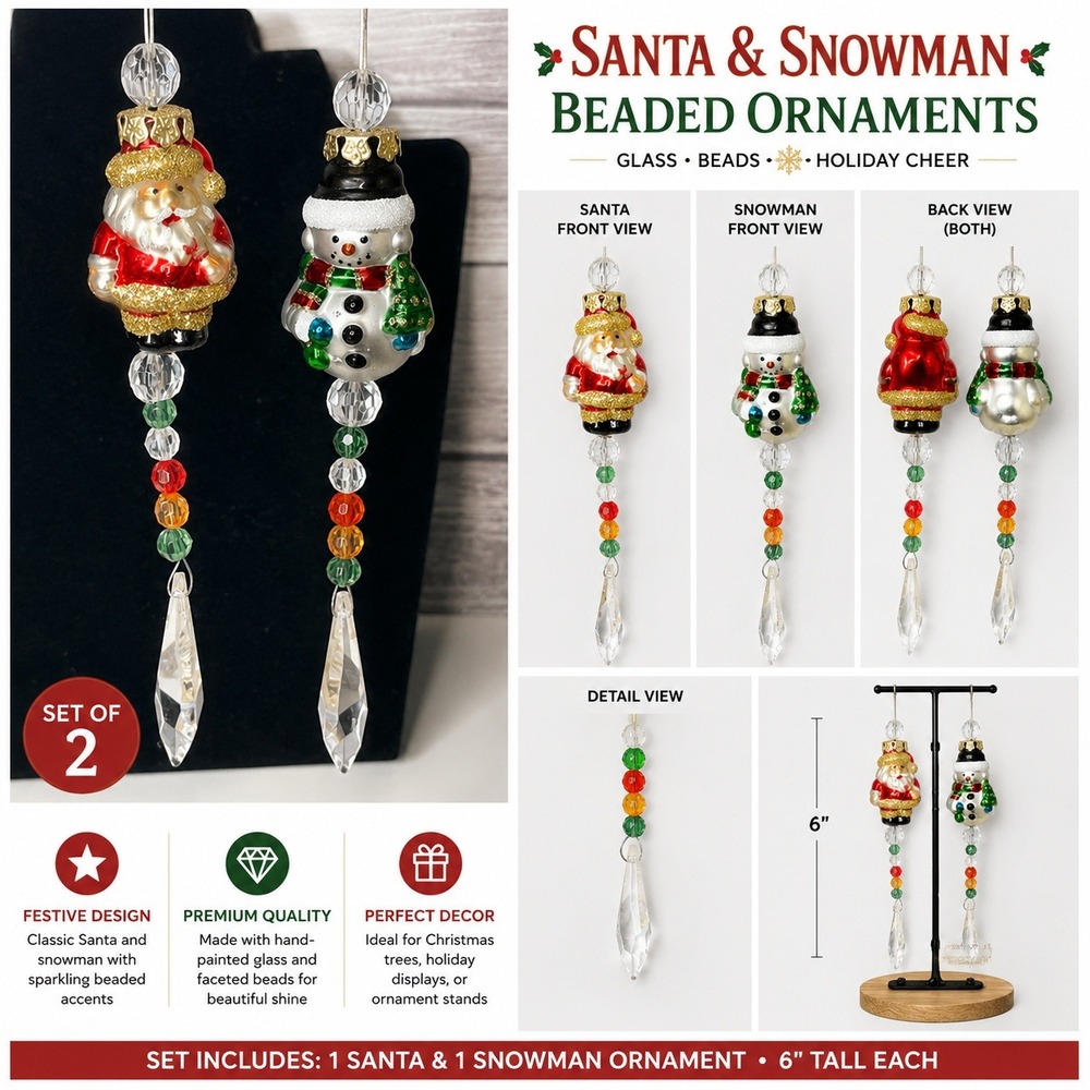 Vintage Style Glass Christmas Santa and Snowman Suncatcher Prism Ornaments Set 2